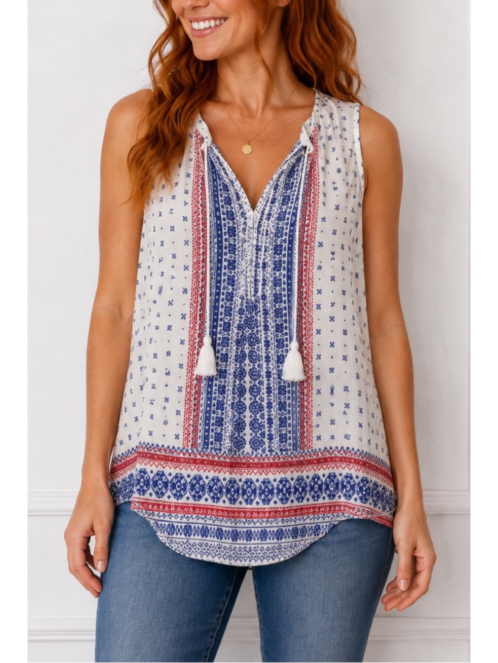 Collective Concepts White Blue Red Boho Printed Sleeveless Tank Top